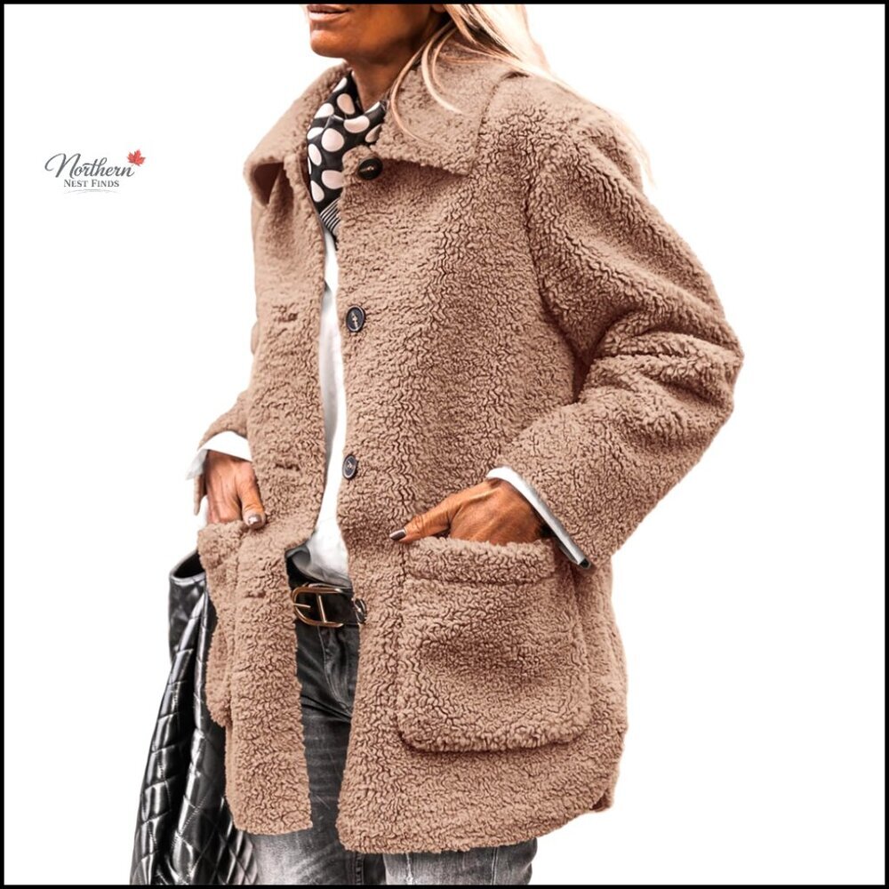 Faux Fur Sherpa Jacket with Pockets, Lapel Collar, Button Closure, Winter